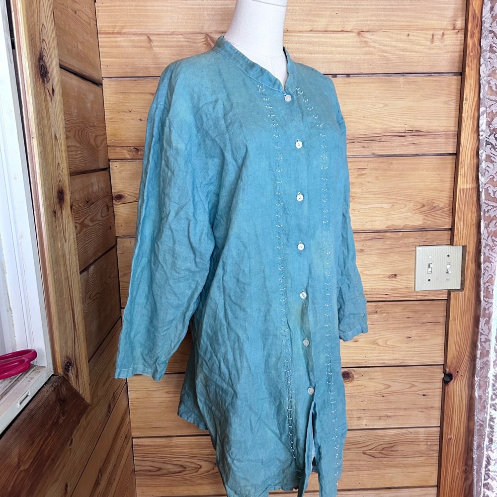 Linen Duster Shirt Dress Size 3X Sage Green Beaded Tunic It's A New Vision Woman